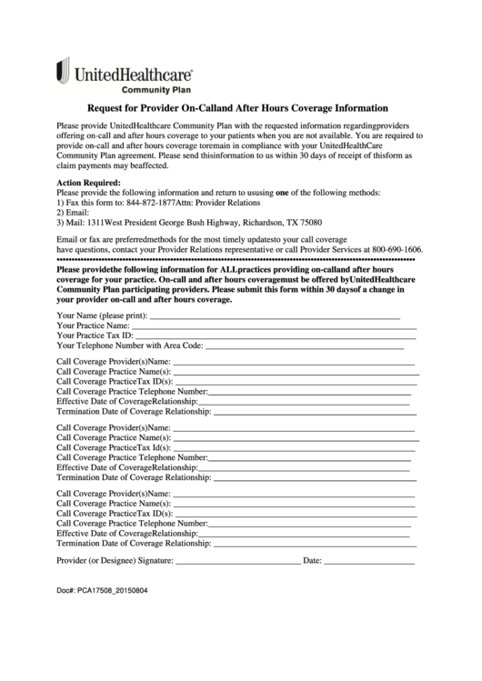 Request Form For Provider On-Call And After Hours Coverage Information - Uhc Printable pdf