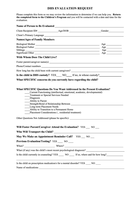 Fillable Dhs Evaluation Request Form Printable pdf