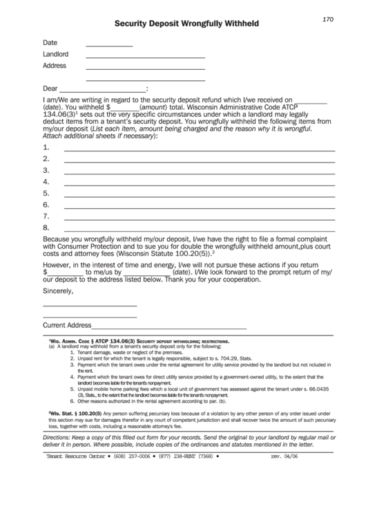 Sample Letter For A Wrongfully Withheld Security Deposit Form Printable pdf