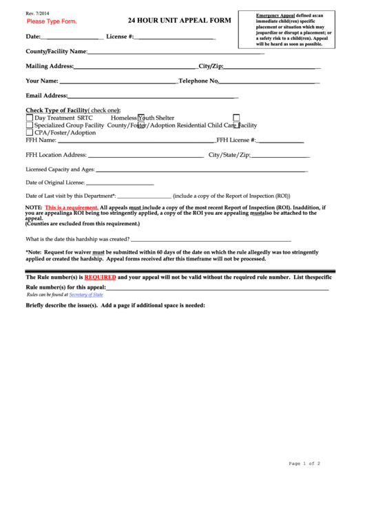 Fillable 24 Hour Unit Appeal Form - Colorado Department Of Human Services Printable pdf