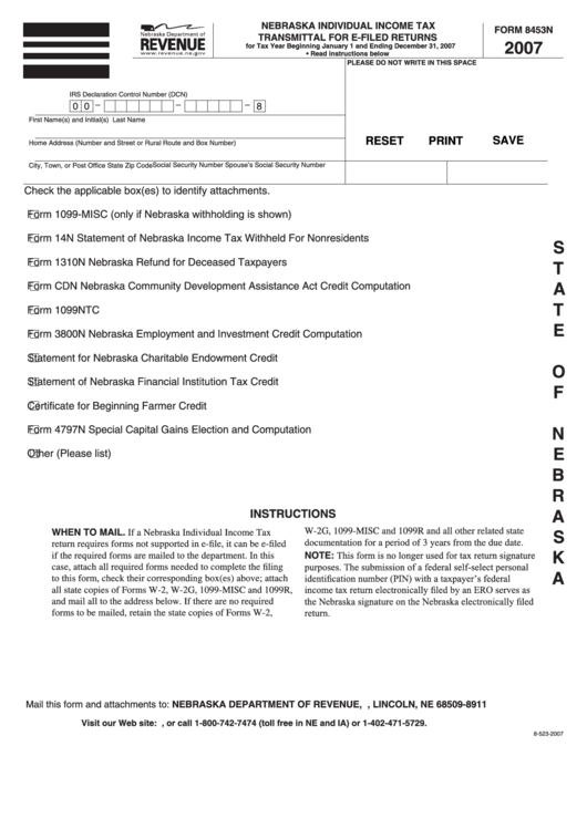 Fillable Form 8453n - Nebraska Individual Income Tax Transmittal For E-Filed Returns - 2007 Printable pdf
