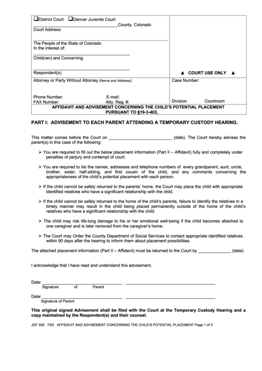 Form Jdf 559 - Affidavit And Advisement Concerning The Child