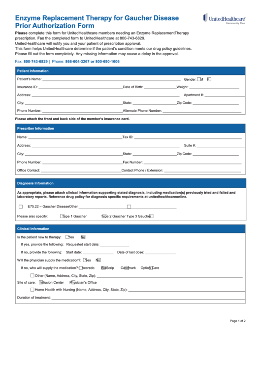 Form Pca18558 - Enzyme Replacement Therapy For Gaucher Disease Prior Authorization Form Printable pdf