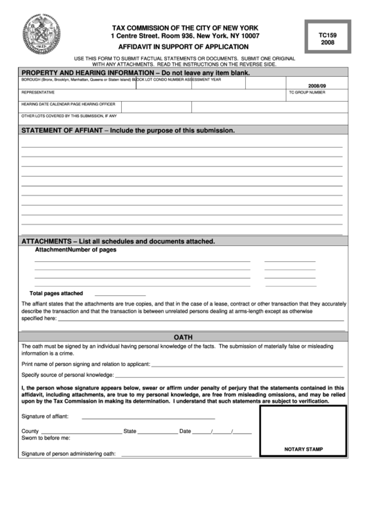 Form Tc159 - Affidavit In Support Of Application - 2008 Printable pdf