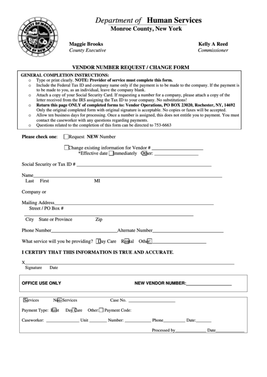 Vendor Number Request / Change Form - Monroe County Printable pdf