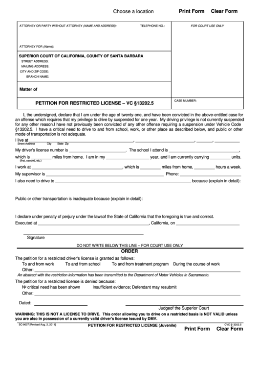 Fillable Form Sc-9007 - Petition For Restricted License (Juvenile) Printable pdf