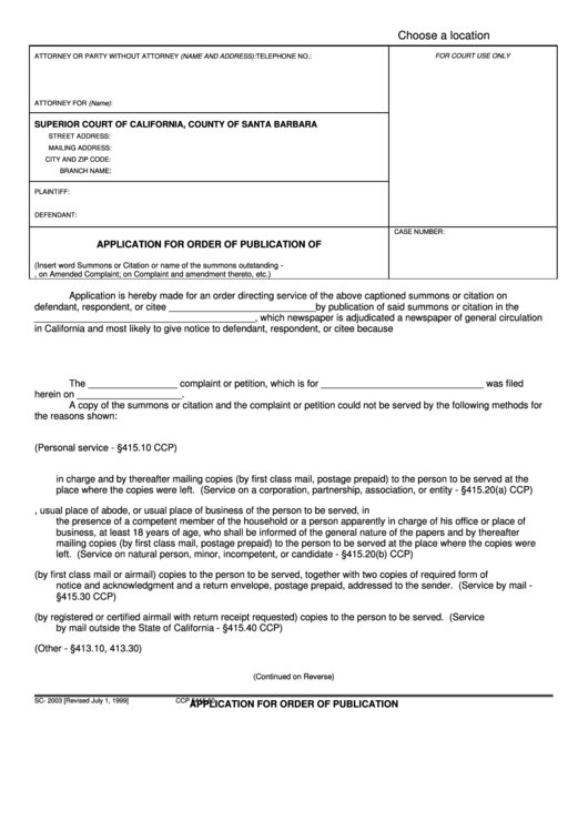 Fillable Form Sc-2003 - Application For Order Of Publication - Cpunty Of Santa Barbara Printable pdf