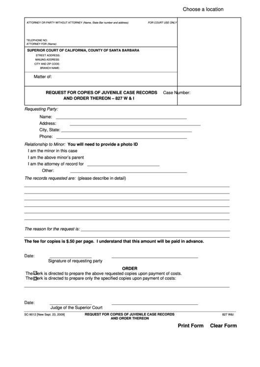 Fillable Form Sc-9012 - Request For Copies Of Juvenile Case Records And Order Thereon - County Of Santa Barbara Printable pdf