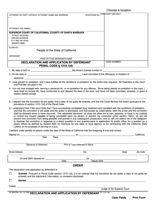 Fillable Form Sc-3038 - Decalration And Application By Defendant - County Of Santa Barbara Printable pdf