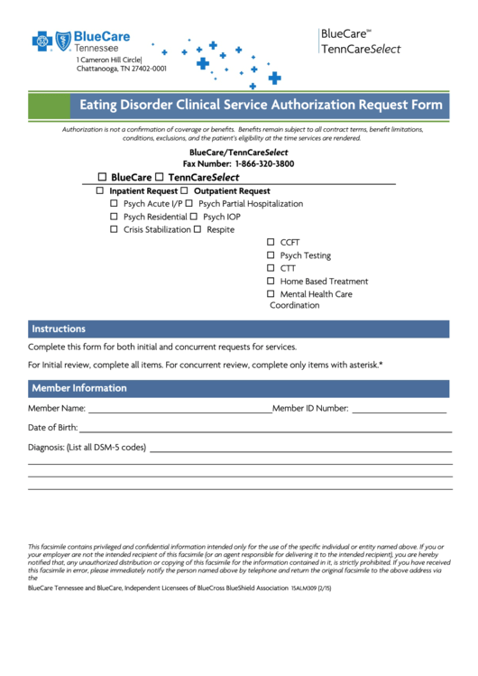 Fillable Eating Disorder Clinical Service Authorization Request Form Printable pdf