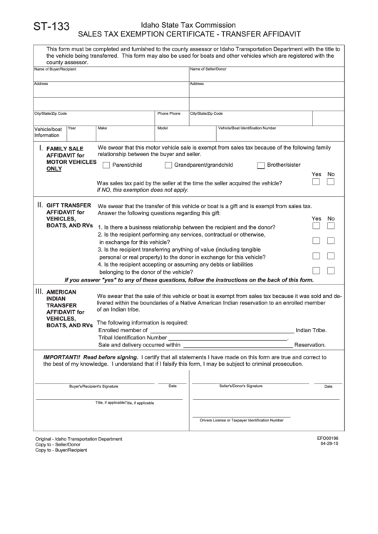 Fillable Form St-133 - Sales Tax Exemption Certificate - Transfer Affidavit - 2015 Printable pdf