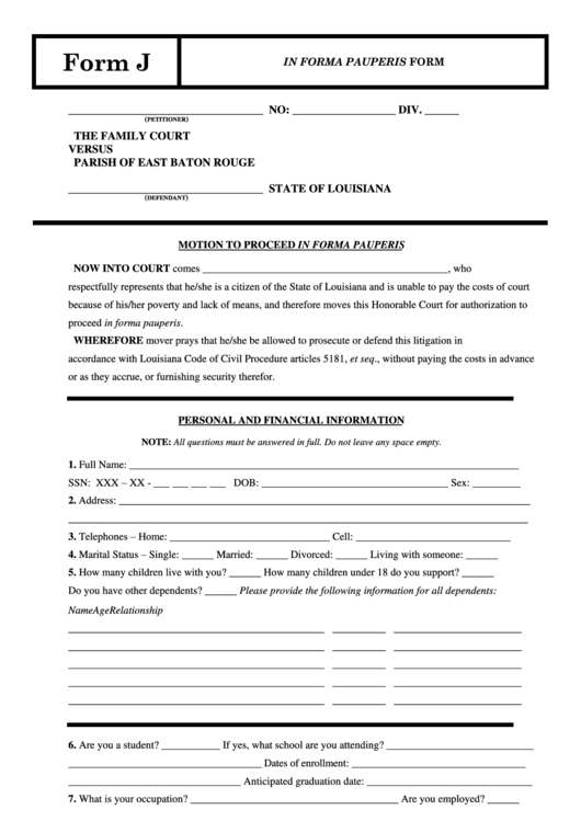 Form J - In Forma Pauperis Form - Parish Of East Baton Rouge Printable pdf