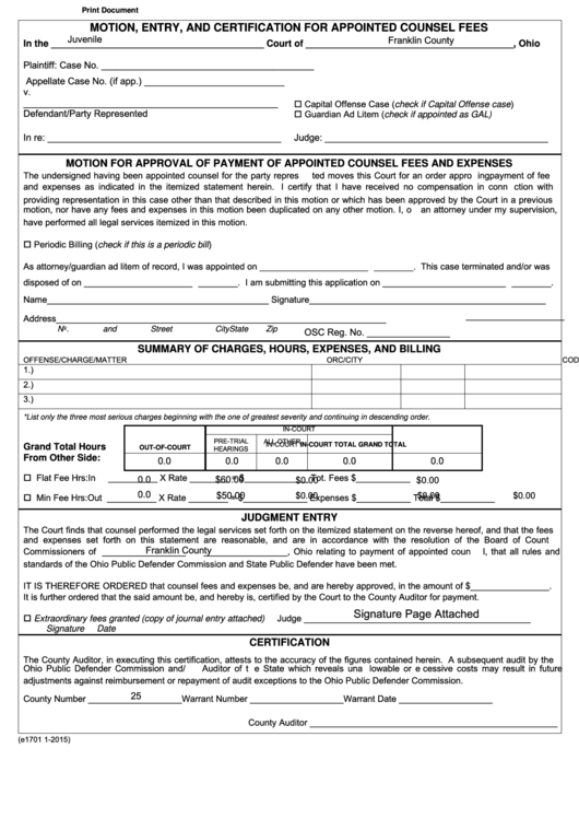Fillable Form E1701 - Motion, Entry, And Certification For Appointed Counsel Fees - 2015 Printable pdf