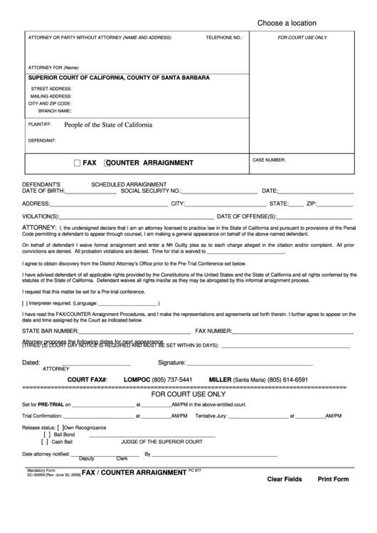 Fillable Form Sc-3005n - Fax / Counter Arraignment - County Of Santa Barbara Printable pdf