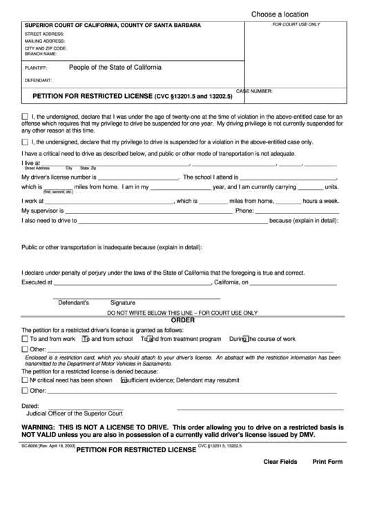 Fillable Form Sc-8006 - Petition For Restricted License Printable pdf
