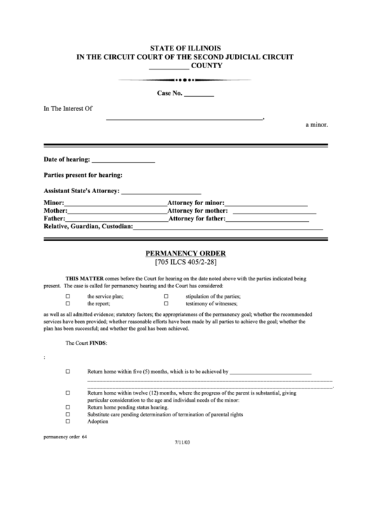 Fillable Permanency Order Form - Circuit Court Of The Second Judicial Circuit Printable pdf