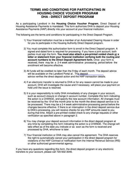 Direct Deposit Authorization Agreement Form - Housing Authority Of The City & County Of Denver Printable pdf