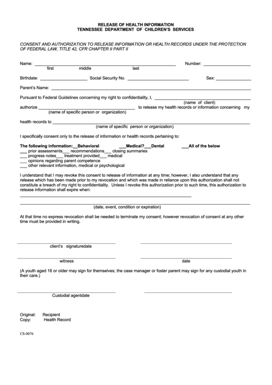 Form Cs-0076 - Release Of Health Information -Tennessee Department Of Children