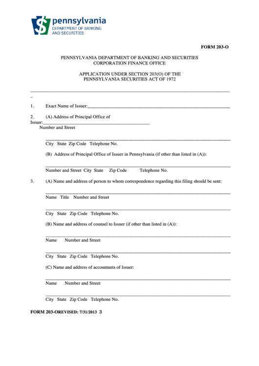 Form 203-O - Application Under Section 203(O) Of The Pennsylvania Securities Act Of 1972 - 2013 Printable pdf
