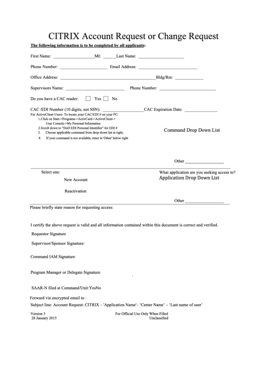 Fillable Citrix Account Request Or Change Request Form Printable pdf