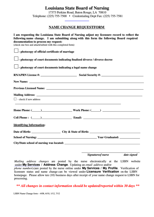 Fillable Name Change Request Form - Louisiana State Board Of Nursing Printable pdf