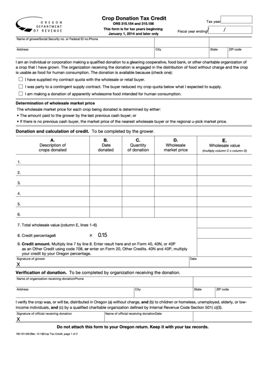 Fillable Form 150-101-240 - Crop Donation Tax Credit Form - 2014 Printable pdf