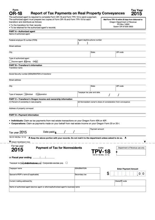 Fillable Form Or-18 - Report Of Tax Payments On Real Property Conveyances - 2015 Printable pdf