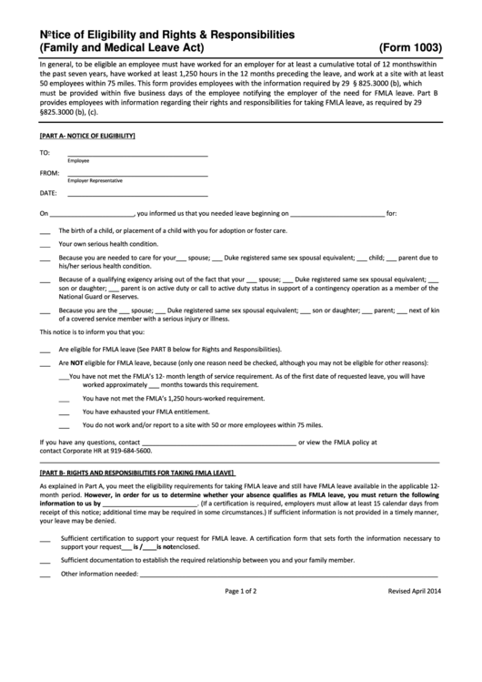 Form 1003 - Notice Of Eligibility And Rights & Responsibilities (Family And Medical Leave Act) Printable pdf