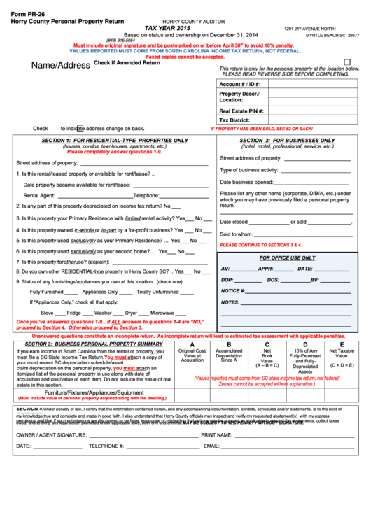 Fillable Form Pr26 Horry County Personal Property Return 2015