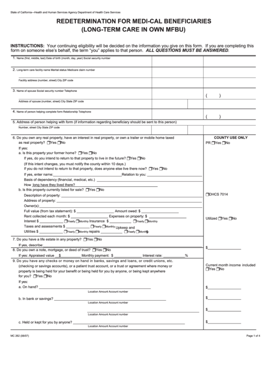 Form Mc 262 - Redetermination For Medi-cal Beneficiaries (long-term Care In Own Mfbu)