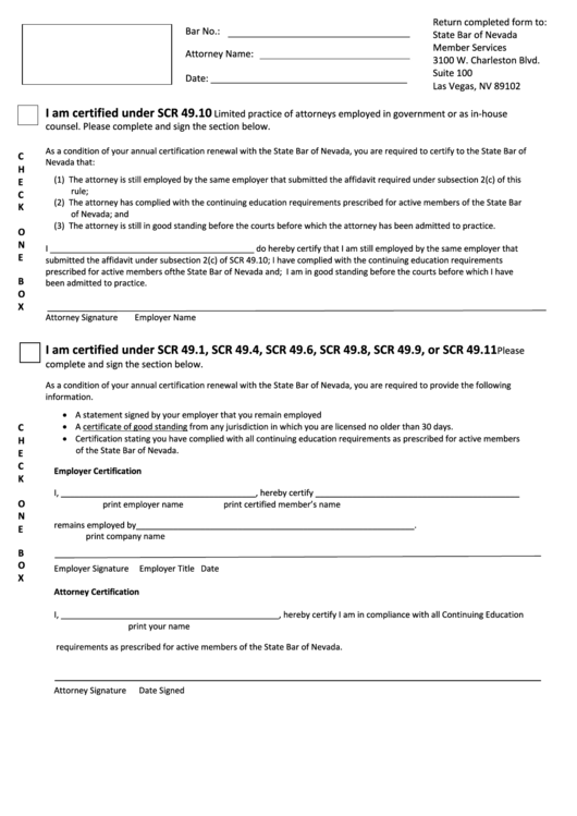 Certified Member Renewal Form - State Bar Of Nevada Printable pdf