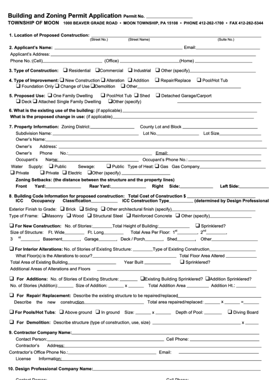 Building And Zoning Permit Application Form Printable pdf