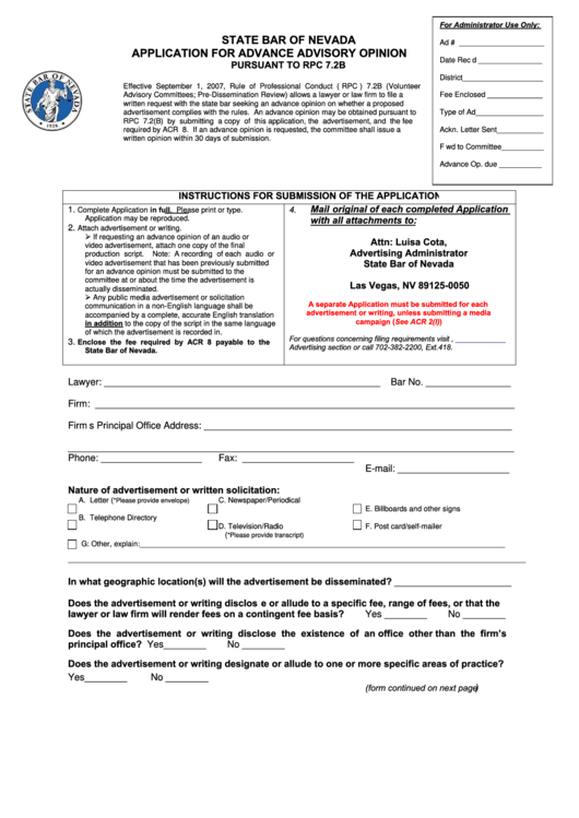 Application For Advance Advisory Opinion Form - State Bar Of Nevada Printable pdf
