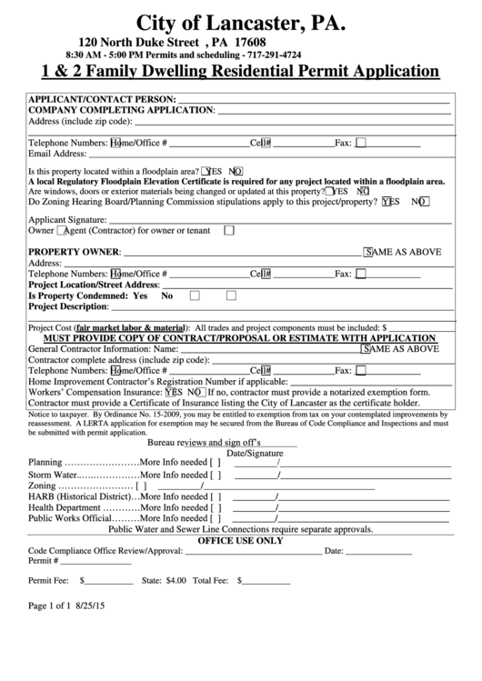 1 & 2 Family Dwelling Residential Permit Application Form Printable pdf