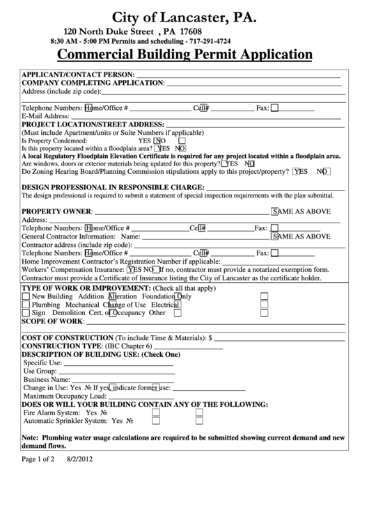 Commercial Building Permit Application Form Printable pdf