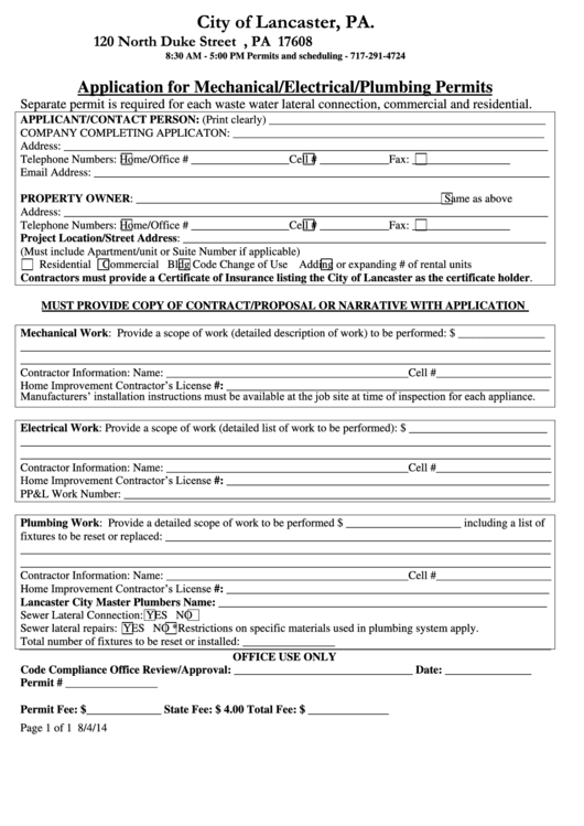 Application Form For Mechanical/electrical/plumbing Permits Printable pdf