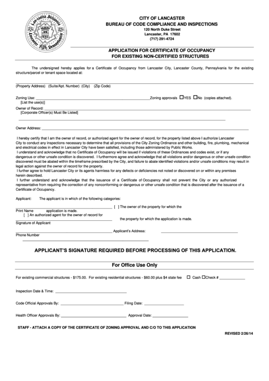 Application Form For Certificate Of Occupancy For Existing Non-Certified Structures Printable pdf