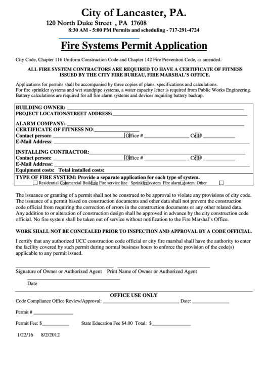 Fire Systems Permit Application Form Printable pdf