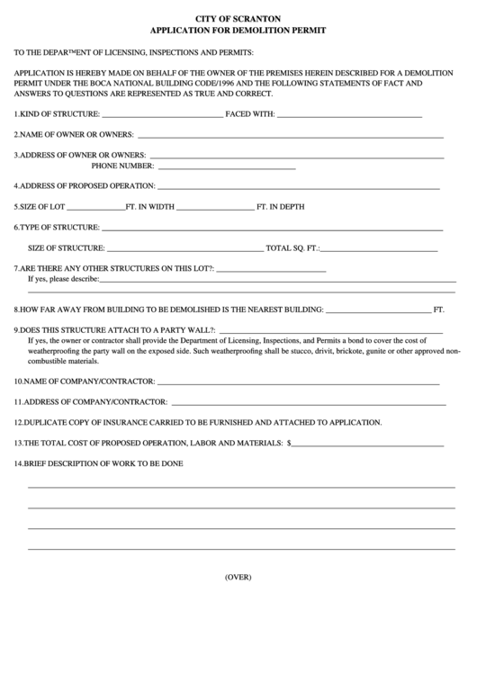 Application Form For Demolition Permit Printable pdf