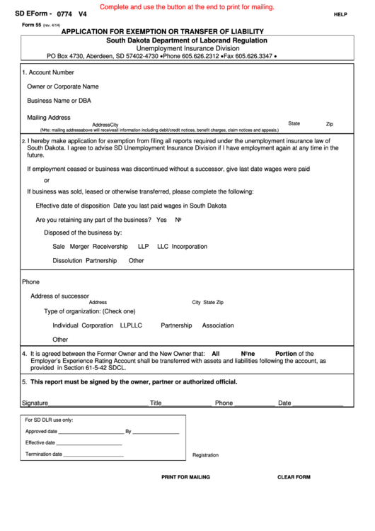 Fillable Form 55 - Application For Exemption Or Transfer Of Liability Printable pdf