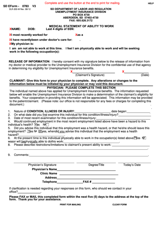 Fillable Form 203m - Medical Statement Of Ability To Work Printable pdf
