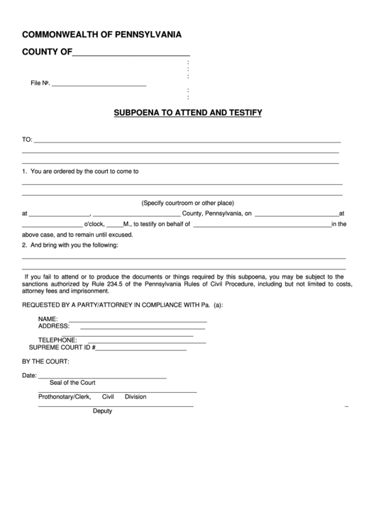 Fillable Form C-1f-1 - Subpoena To Attend And Testify Form - Commonwealth Of Pennsylvania Printable pdf