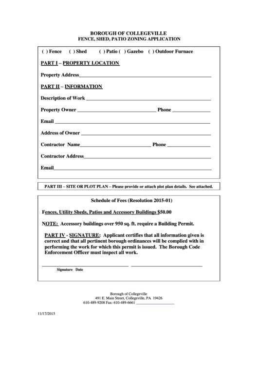 Fence, Shed, Patio Zoning Application Form - Permit Procedures Printable pdf