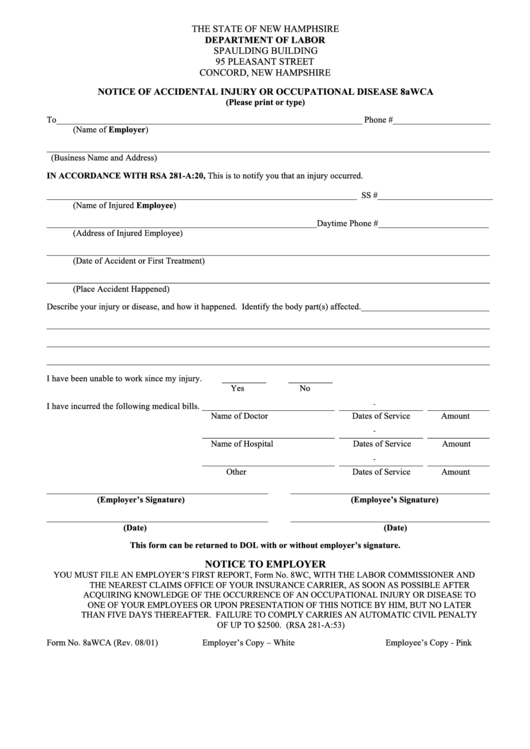 Form 8awca  Notice Of Accidental Injury Or Occupational Disease  2001 printable pdf download