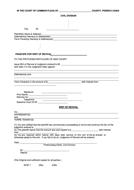 Fillable Form M-9f-1 - Praecipe For Writ Of Revival- Court Of Common Pleas - Pennsylvania Printable pdf