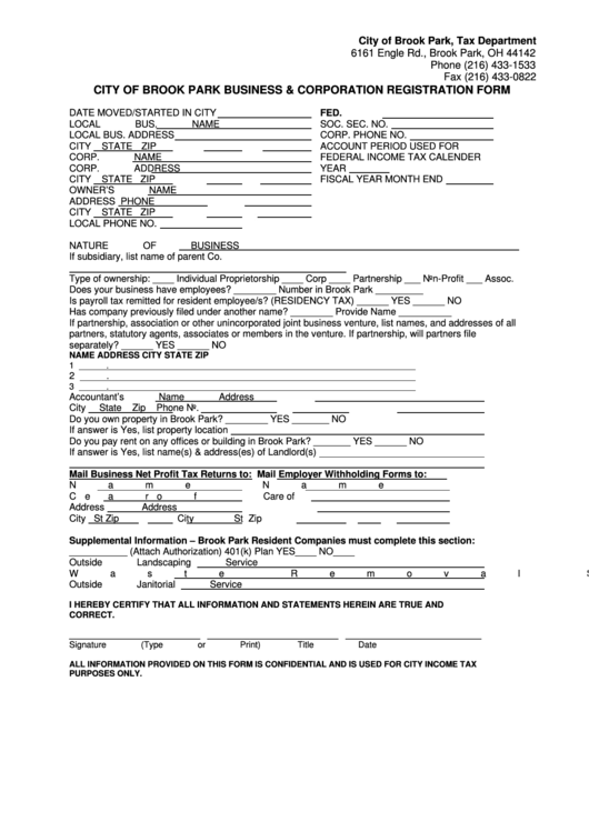 Fillable City Of Brook Park Business & Corporation Registration Form Printable pdf