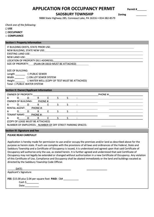 Application Form For Occupancy Permit Printable pdf