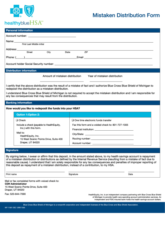 Form Wp 11561 - Mistaken Distribution Form - Hsa - Michigan Printable pdf