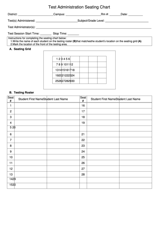 Test Administration Seating Chart Printable pdf