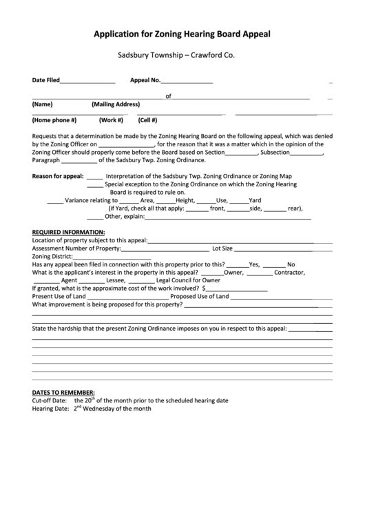 Zoning Hearing Board Appeal Application Form printable pdf download
